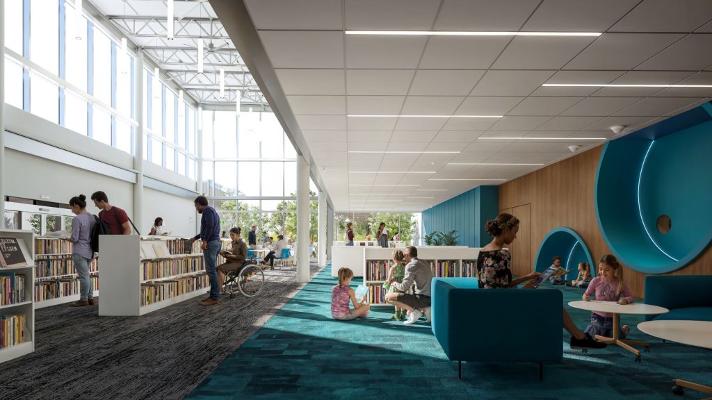 Rendering of the future Belmont Fieldhouse and Library interior.